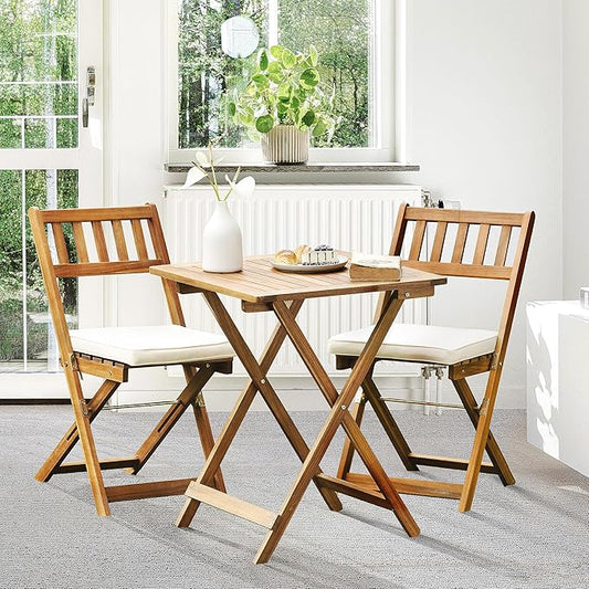 Idzo Heavy Duty 400lbs Capacity Patio Bistro Set 3 Piece Outdoor, Folding Chairs w/Cushion, Square Table, FSC-Certified Acacia Wood, Space-Saving Design for Balcony, Garden and Porch - Upgrade