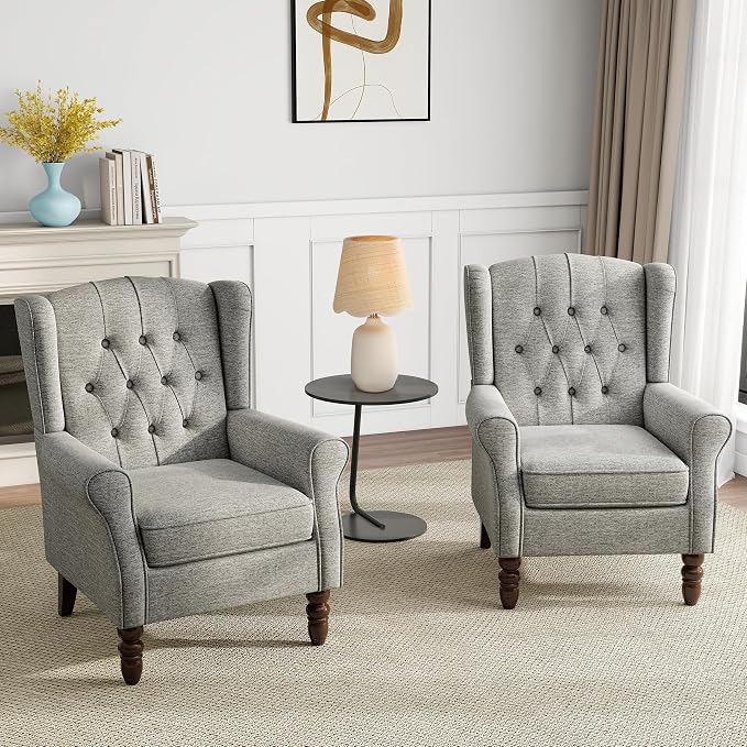Pia Ricco High Back Floral Accent Chair - Retro Wingback Upholstered Armchair with Nailhead Trim, Solid Wood Legs, Fabric Living Room Bedroom Reading Chair (Light Gray)