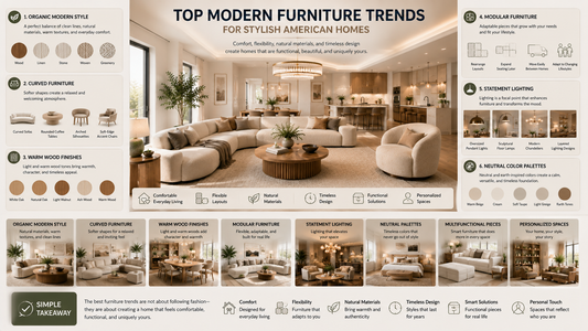 Modern American living room featuring organic modern furniture, curved sofa, warm wood tones, and contemporary home décor