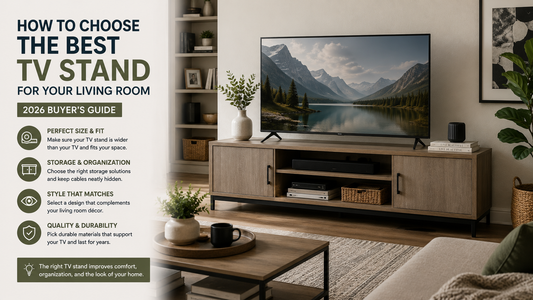 Modern living room with a wide wood TV stand, large television, organized media storage, hidden cables, and contemporary furniture