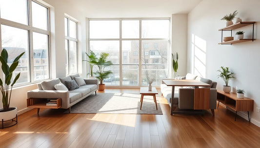 Modern small apartment featuring space-saving furniture, a compact sofa, storage coffee table, and multifunctional dining area