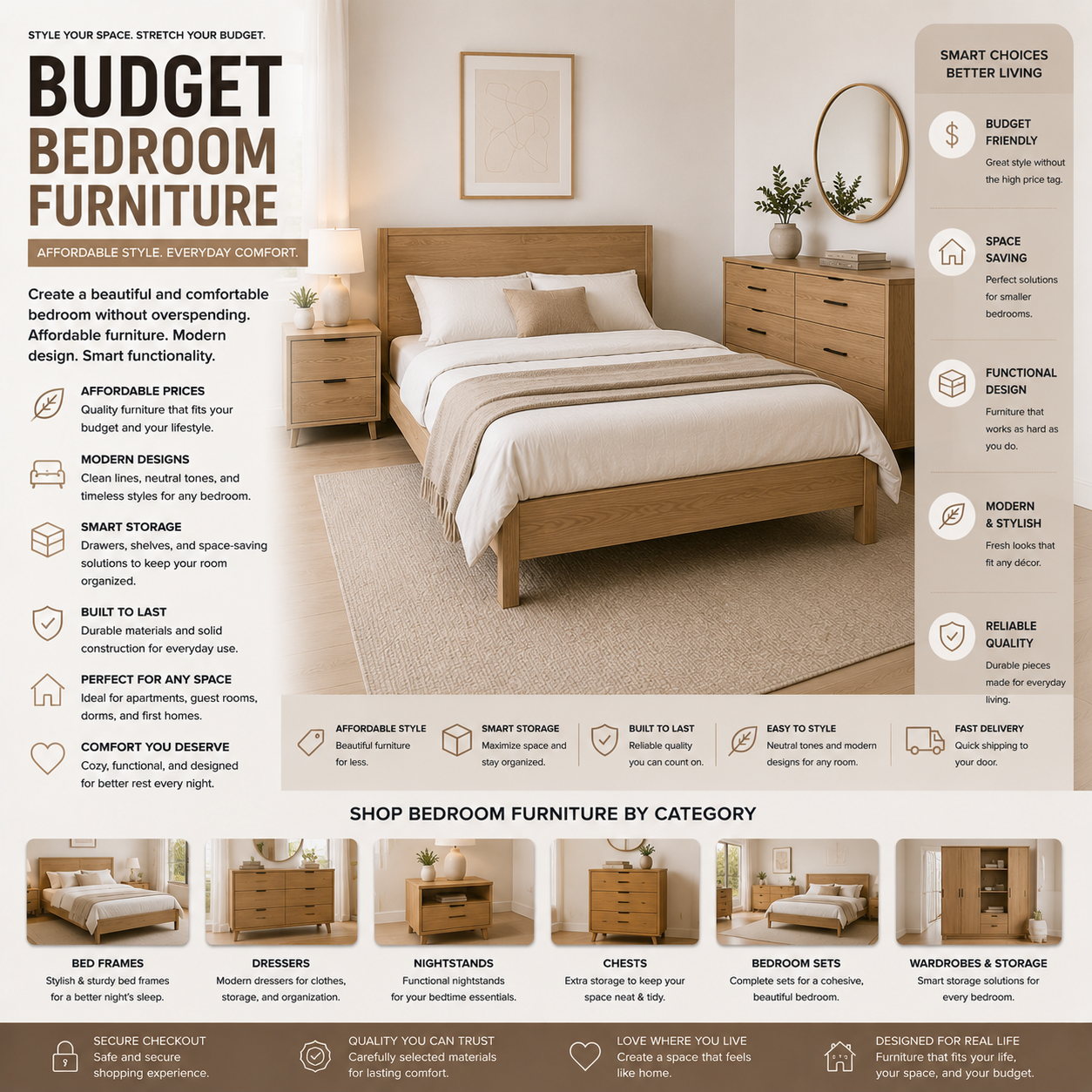 Affordable bedroom furniture including modern beds, dressers, storage nightstands, and stylish apartment bedroom interiors
