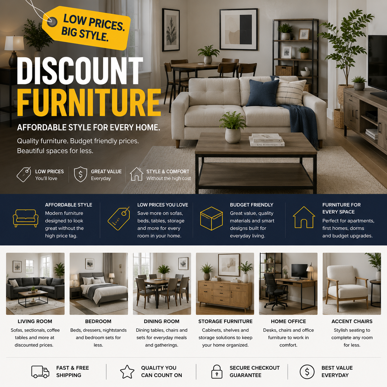 Affordable modern discount furniture with sofa, dining table, bedroom furniture, storage cabinet, and stylish budget-friendly home interior
