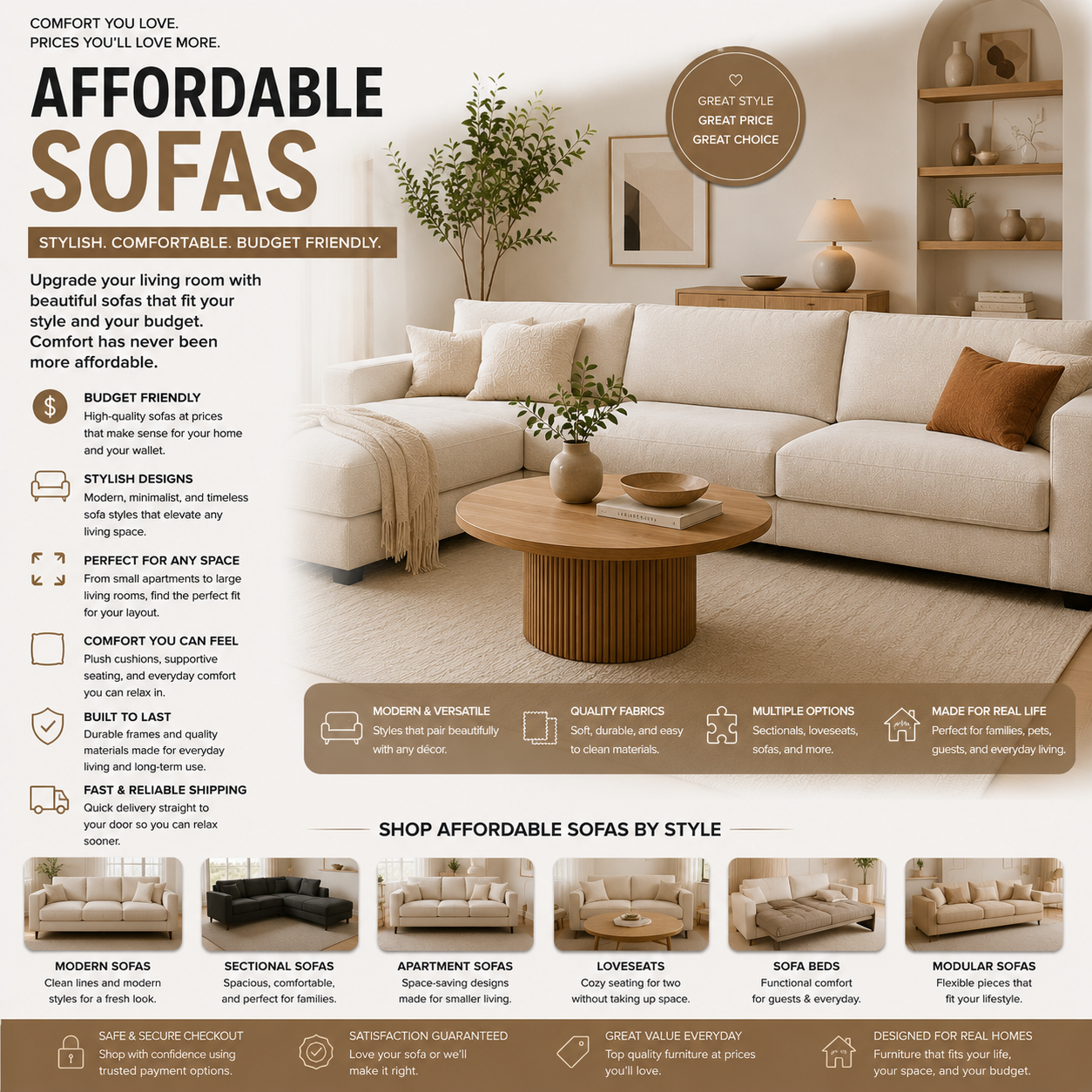 Affordable modern sofas and budget-friendly living room furniture for apartments, family rooms, and contemporary interiors