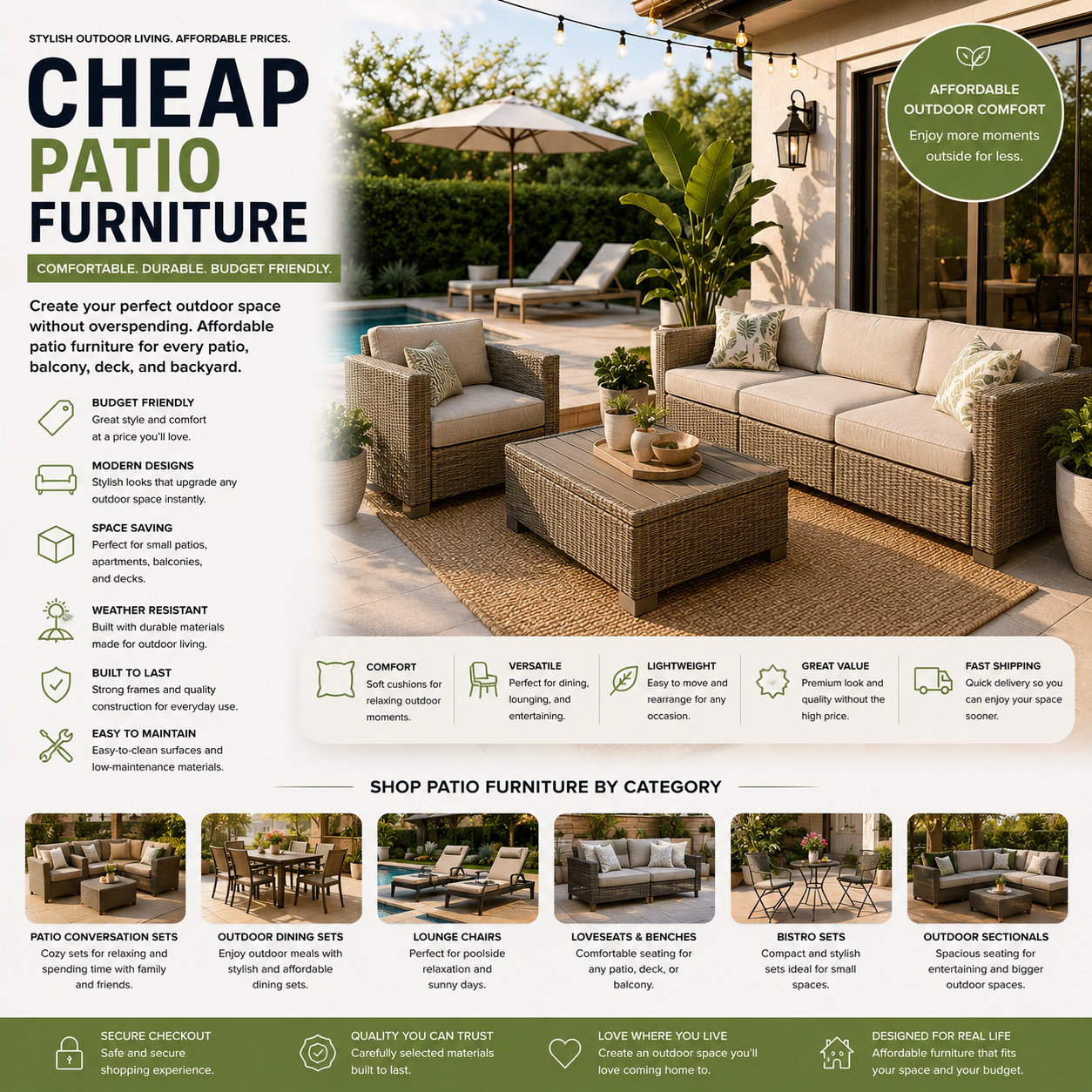 Affordable patio furniture and budget outdoor seating for patios, balconies, decks, poolsides, and backyard living spaces