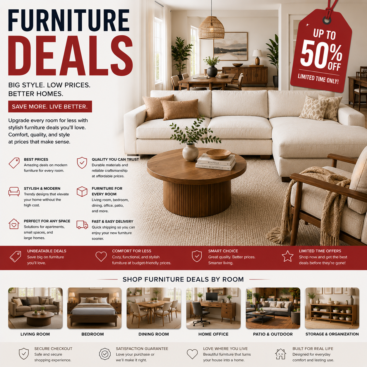 Affordable furniture deals including modern sofas, bedroom furniture, dining sets, and stylish home interiors