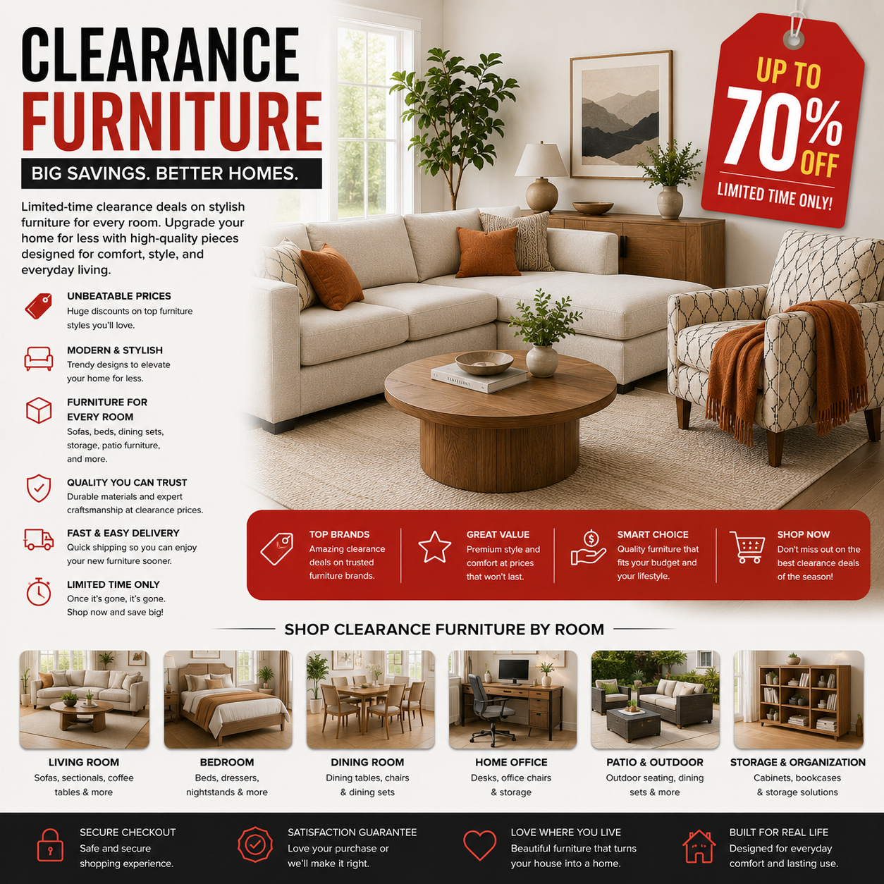 Clearance furniture deals including discount sofas, bedroom furniture, dining tables, and affordable modern home interiors