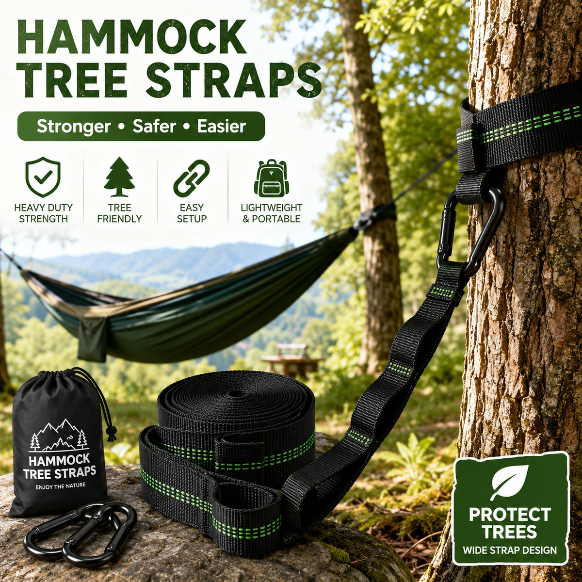 Heavy Duty Adjustable Hammock Tree Straps for Camping, Backpacking, Hiking and Backyard Relaxation