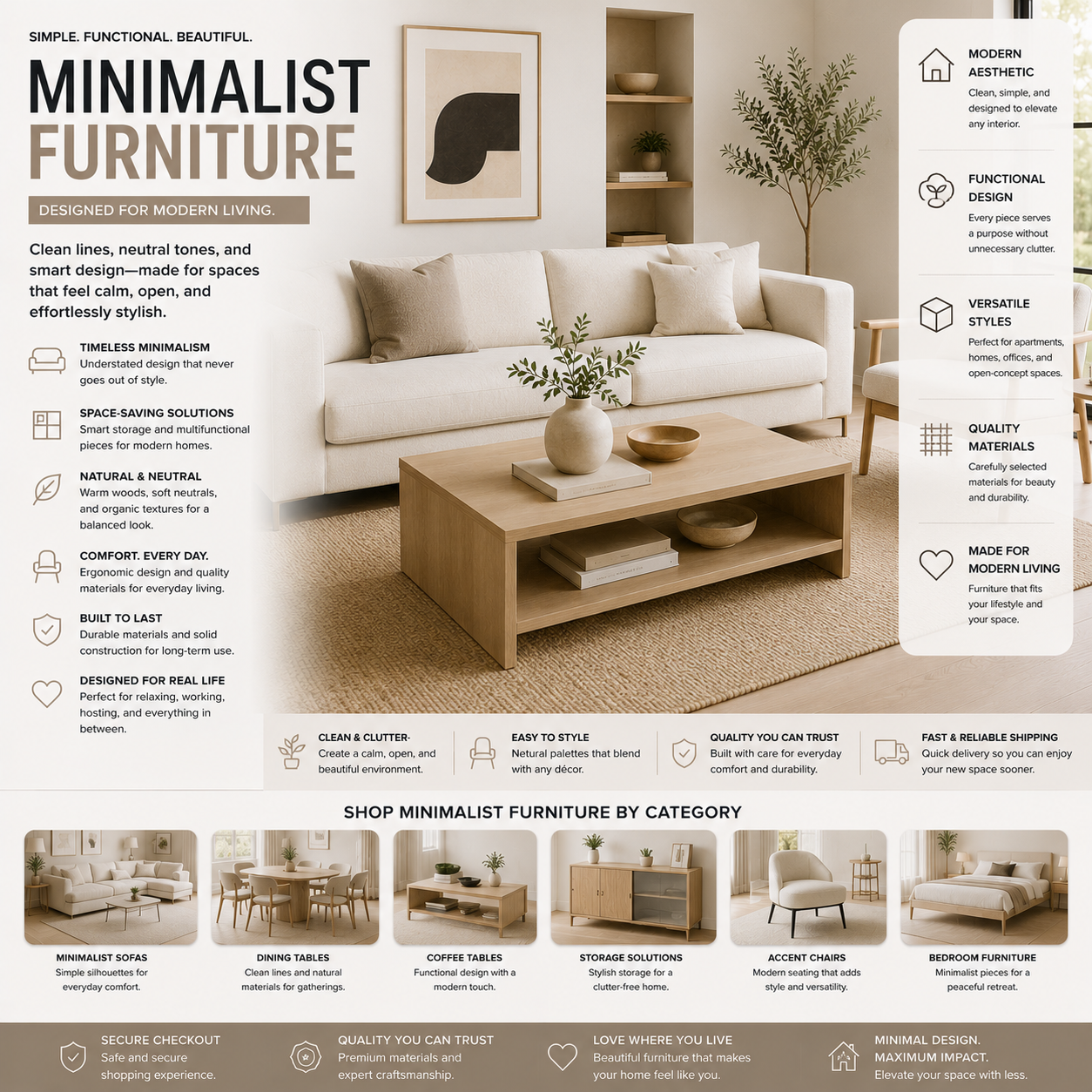 Minimalist furniture and modern clean line interiors for apartments, living rooms, dining rooms, and contemporary homes