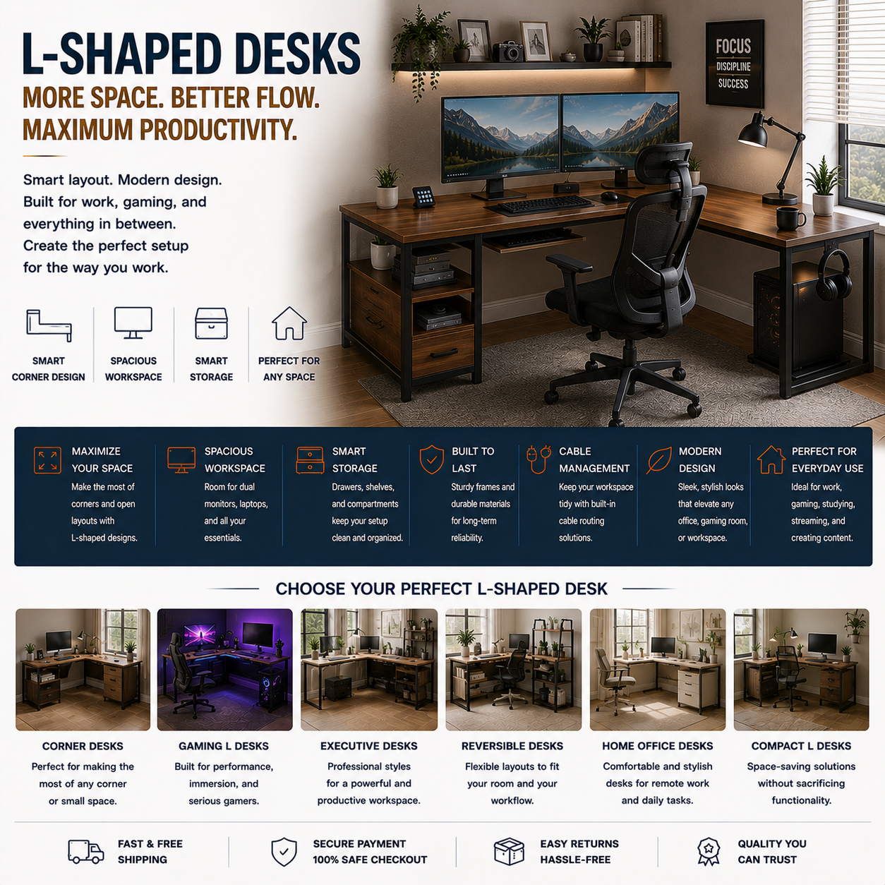 Modern L-shaped desk with dual monitor setup, gaming workstation, home office furniture, and contemporary productivity workspace