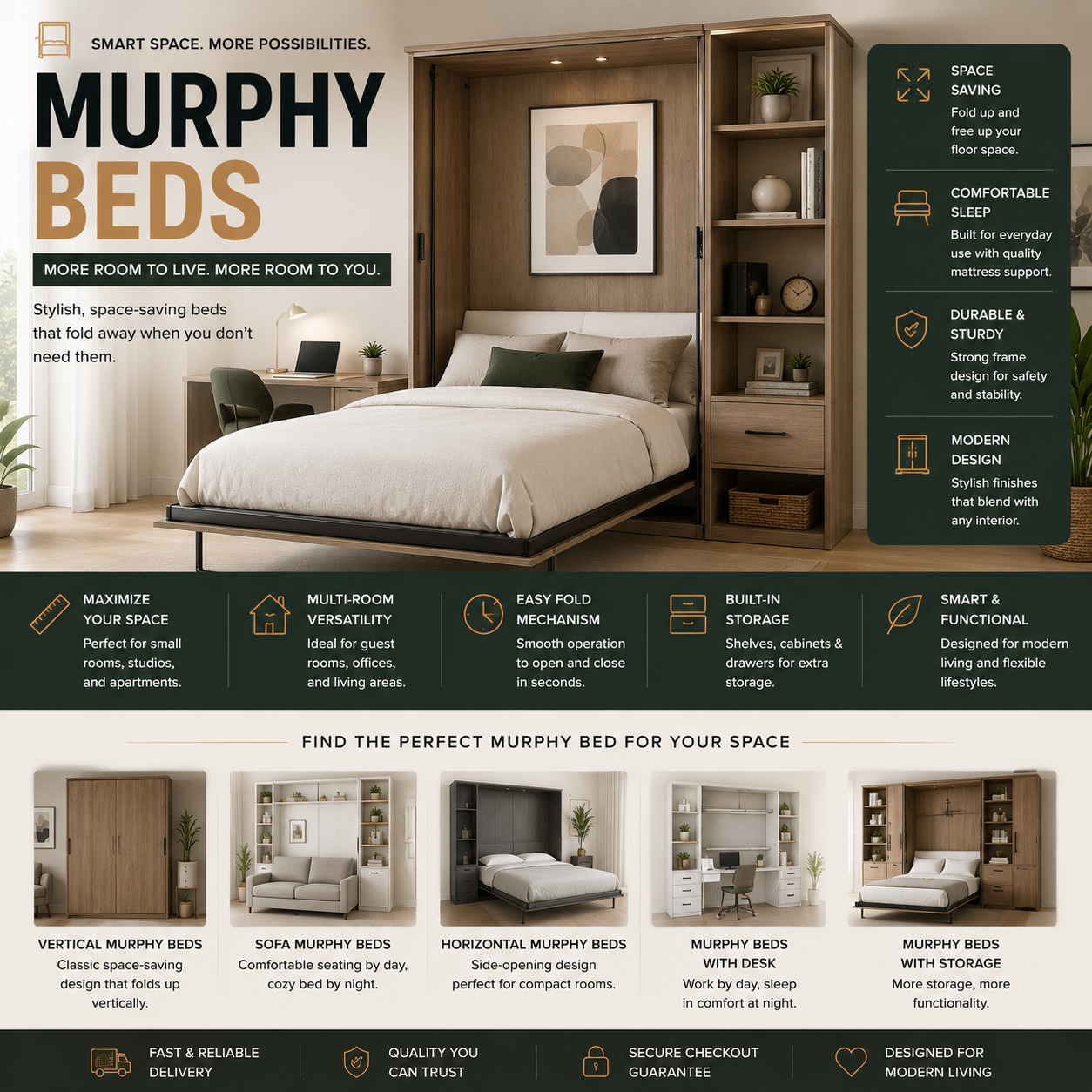 Modern Murphy beds and space saving wall beds for apartments, studios, guest rooms, home offices, compact homes, and multifunctional living spaces
