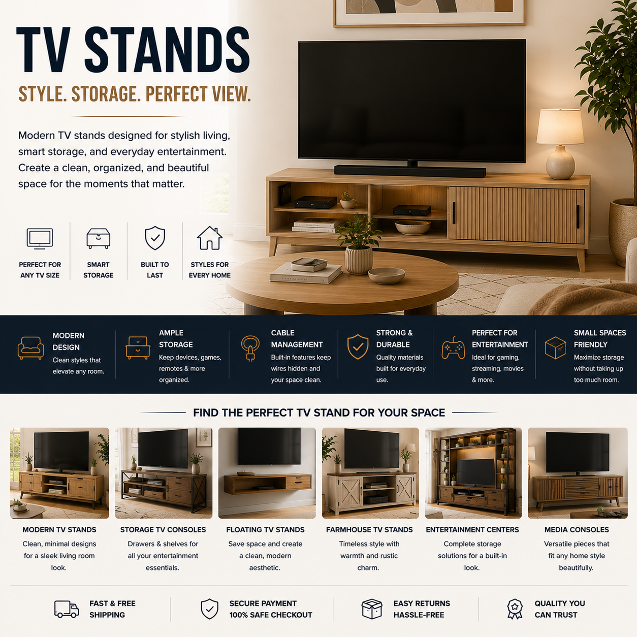 Modern TV stand with media console, entertainment center, storage cabinets, and stylish contemporary living room interior