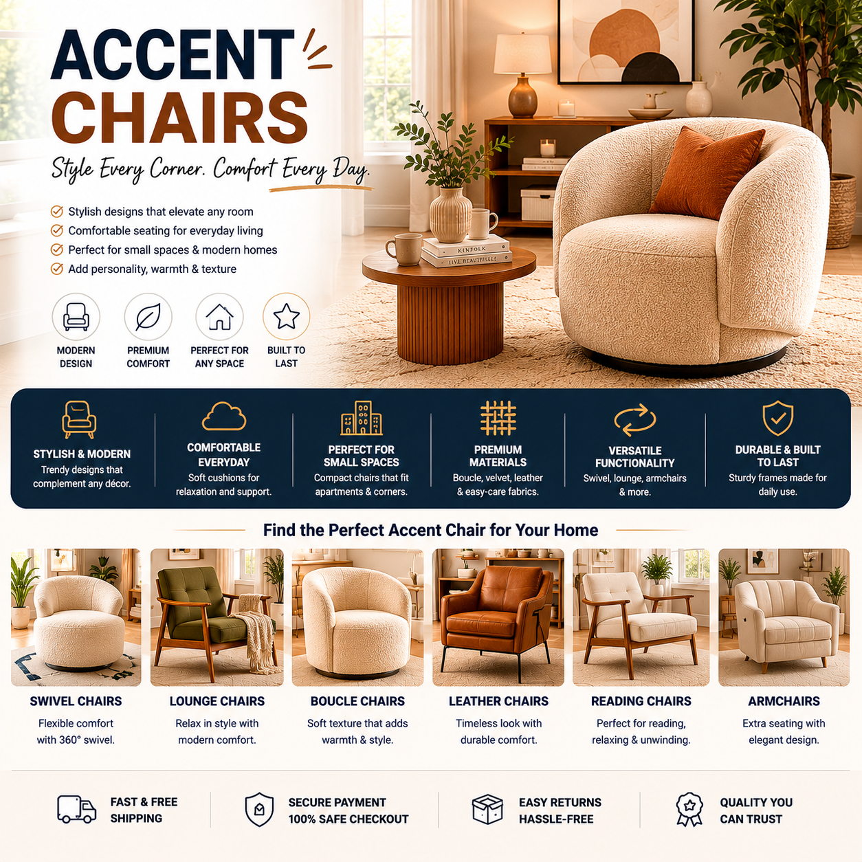 Modern accent chairs with boucle chair, swivel seating, lounge chair, and stylish contemporary living room interior