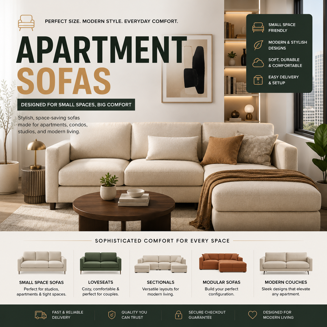 Modern apartment sofas and compact sectional couches for small living rooms, condos, studio apartments, cozy interiors, and contemporary home decor