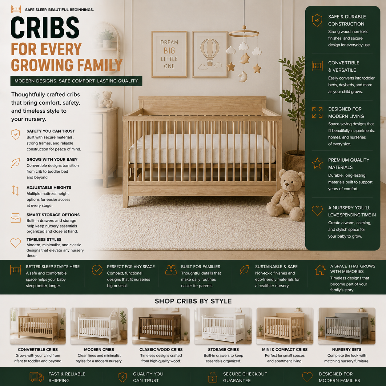 Modern baby cribs and nursery furniture for apartments, baby rooms, growing families, and contemporary nursery interiors