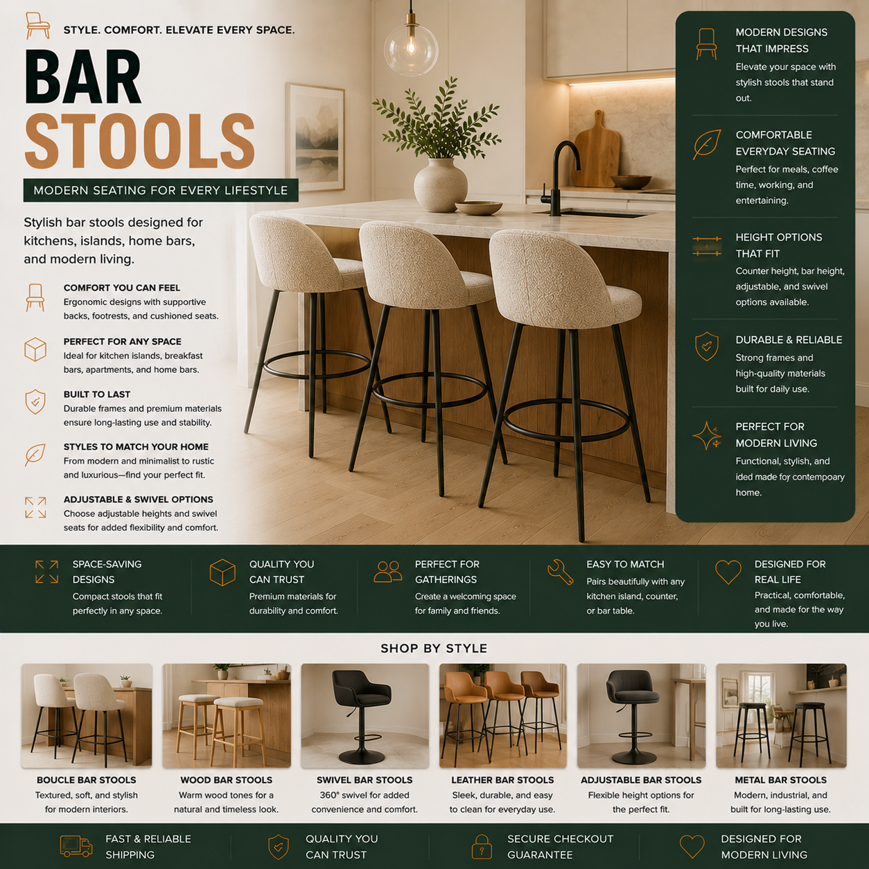 Modern bar stools and counter height seating for kitchen islands, home bars, apartments, dining spaces, and contemporary modern interiors