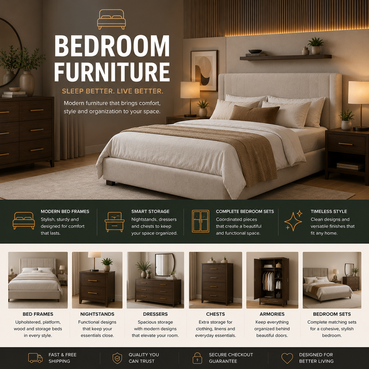Modern bedroom furniture with upholstered bed, nightstands, dresser, warm lighting, and contemporary bedroom decor
