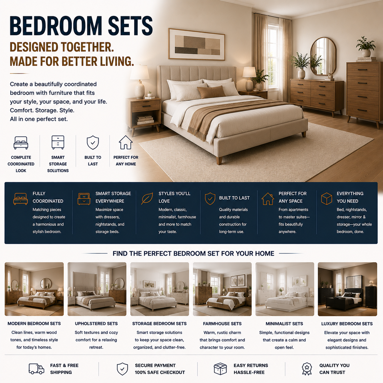 Modern bedroom set with upholstered bed, matching nightstands, dresser storage furniture, and cozy contemporary bedroom interior