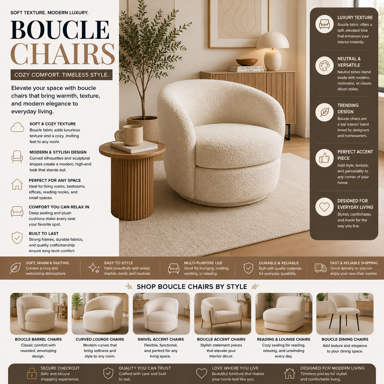 Modern boucle chairs and luxury textured accent seating for living rooms, bedrooms, apartments, and contemporary interiors