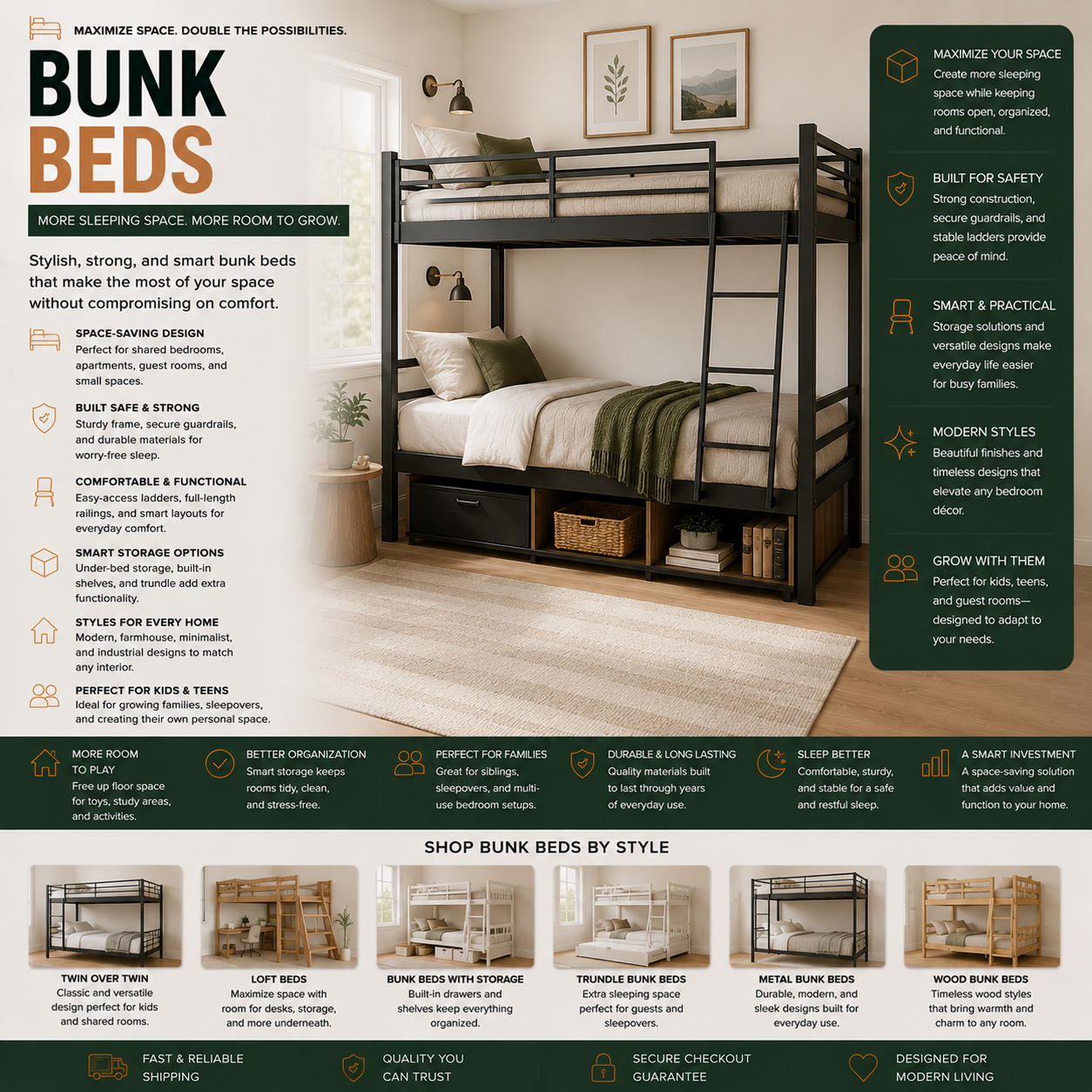 Modern bunk beds and loft bed furniture for kids’ rooms, apartments, shared bedrooms, guest rooms, and contemporary family homes