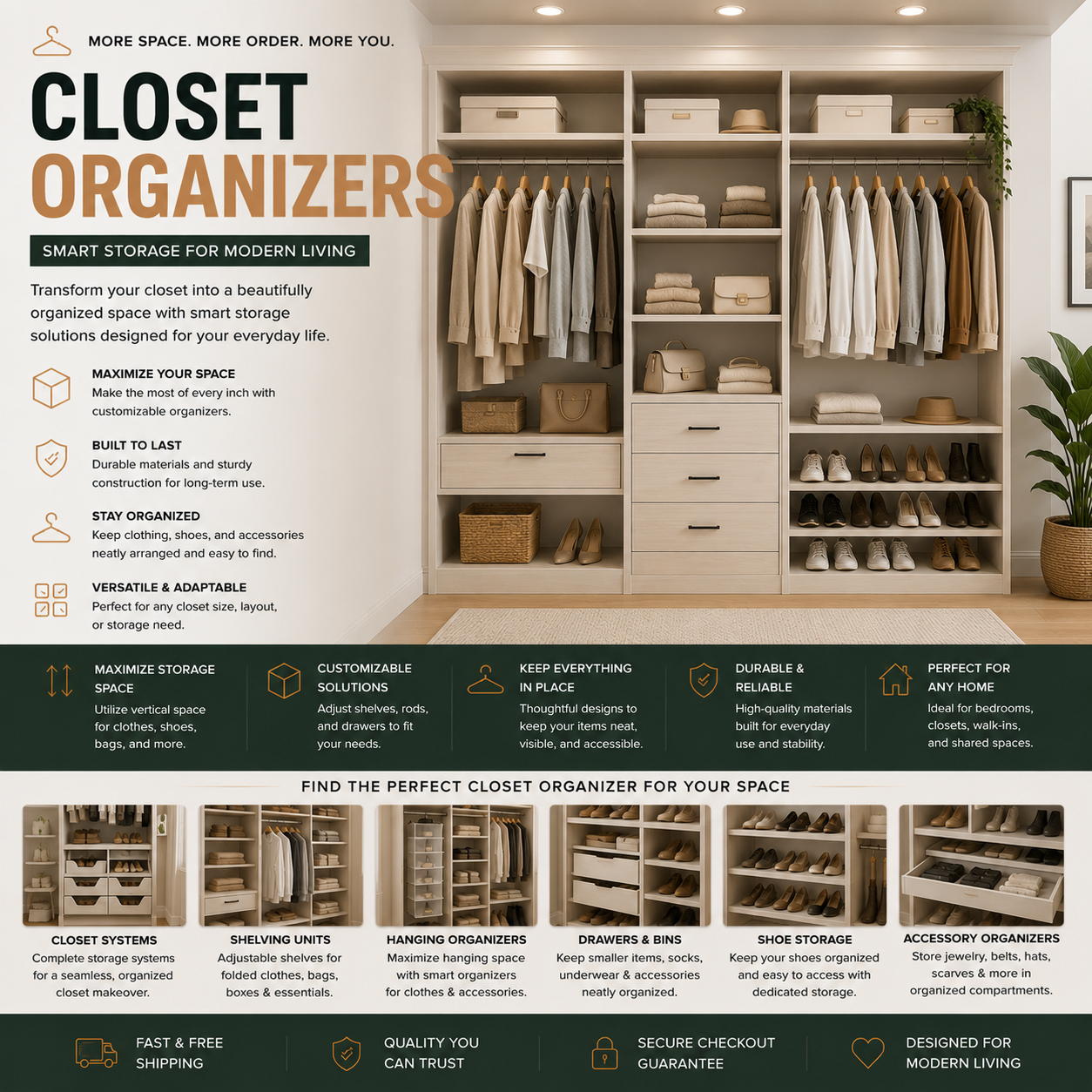 Modern closet organizers and closet storage systems for bedrooms, apartments, walk-in closets, clothing organization, shoes, accessories, and space saving storage