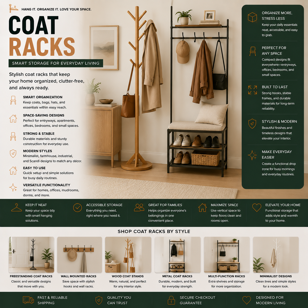 Modern coat racks and entryway storage organizers for apartments, hallways, mudrooms, bedrooms, and contemporary home interiors
