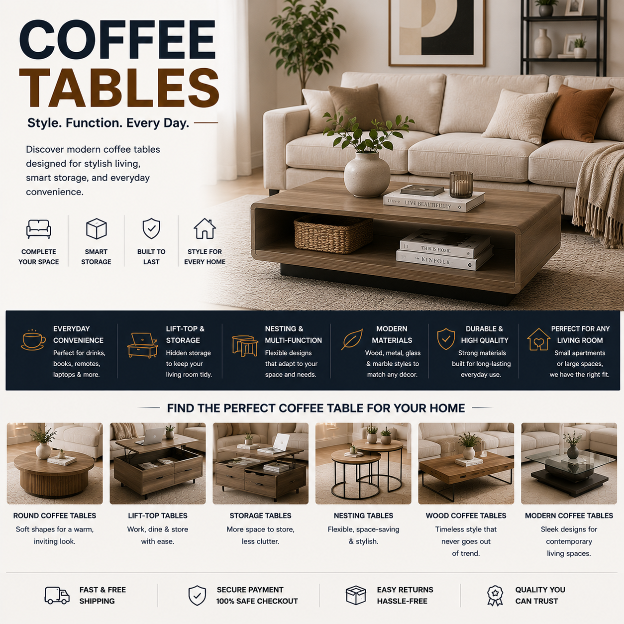 Modern coffee table with wood finish, stylish living room furniture, sectional sofa, and contemporary home decor