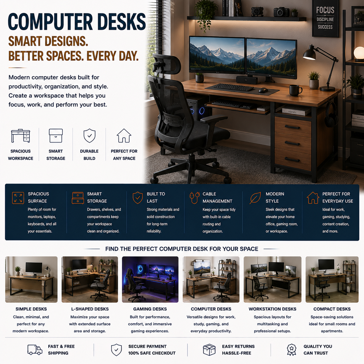 Modern computer desk with workstation setup, home office furniture, gaming workspace, and contemporary productivity room interior