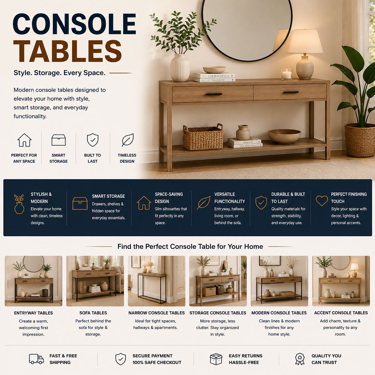 Modern console table with entryway decor, hallway furniture, wood accent table, and stylish contemporary home interior