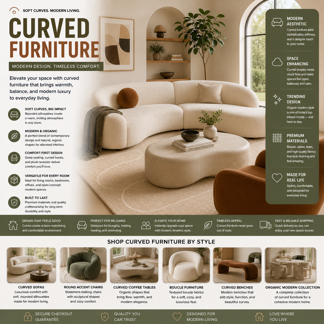 Modern curved furniture including rounded sofas, organic accent chairs, and contemporary luxury living room interiors