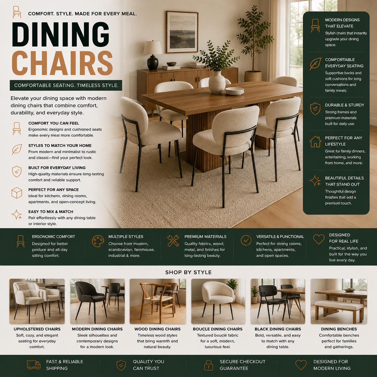 Modern dining chairs and upholstered dining seating for kitchens, dining rooms, apartments, contemporary interiors, and stylish modern homes