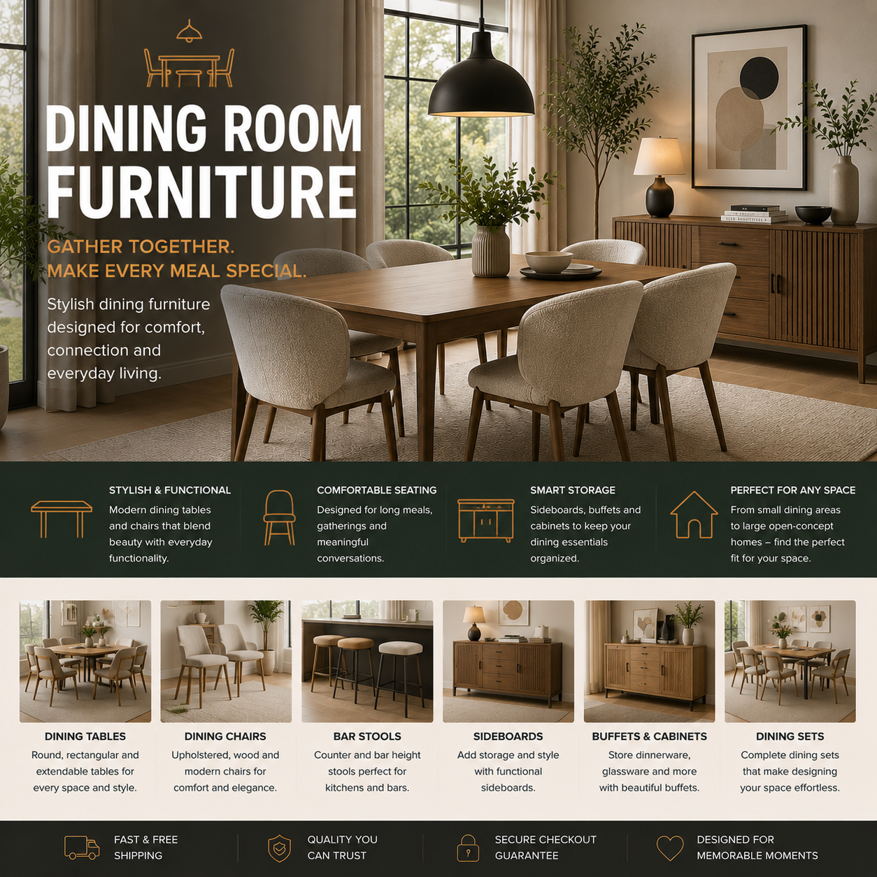 Modern dining room furniture with dining table, upholstered dining chairs, sideboard cabinet, and stylish contemporary dining space