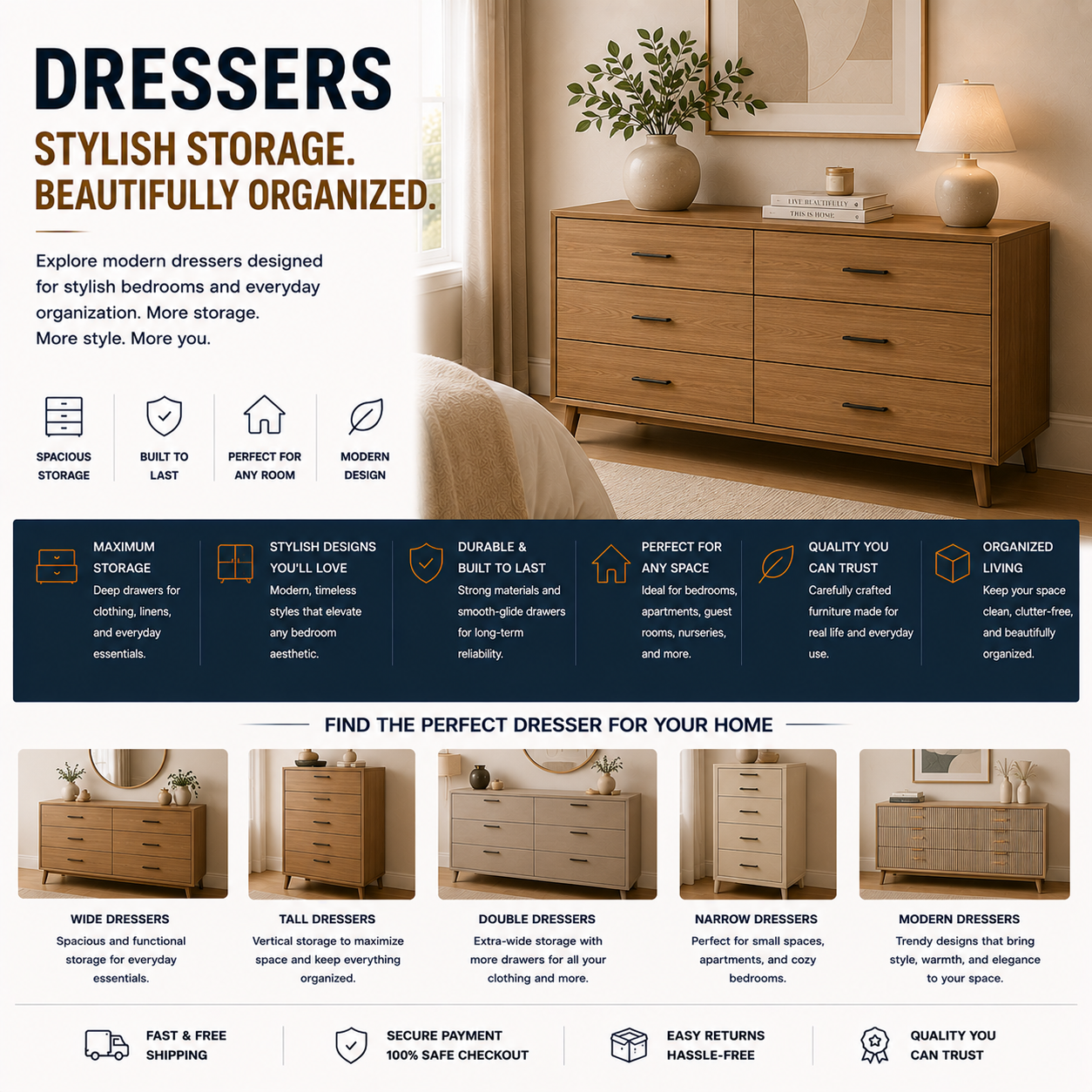 Modern dresser with bedroom storage drawers, wood furniture, organized contemporary bedroom, and minimalist home interior