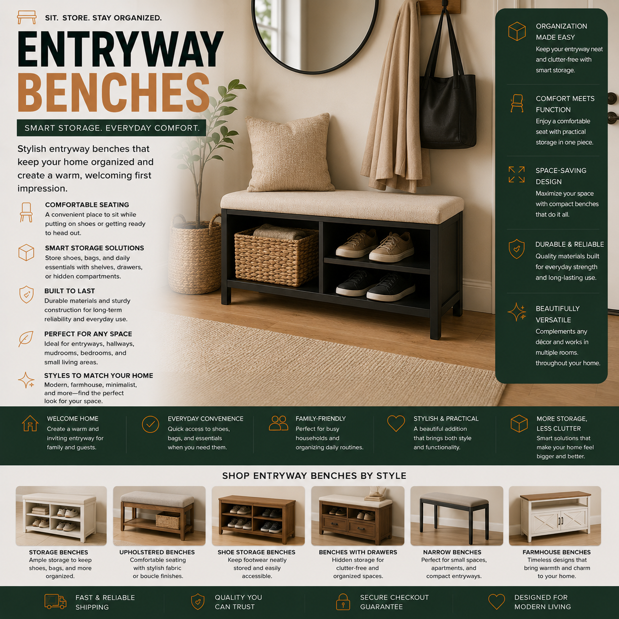 Modern entryway benches and shoe storage seating for apartments, mudrooms, hallways, entry spaces, and contemporary home organization