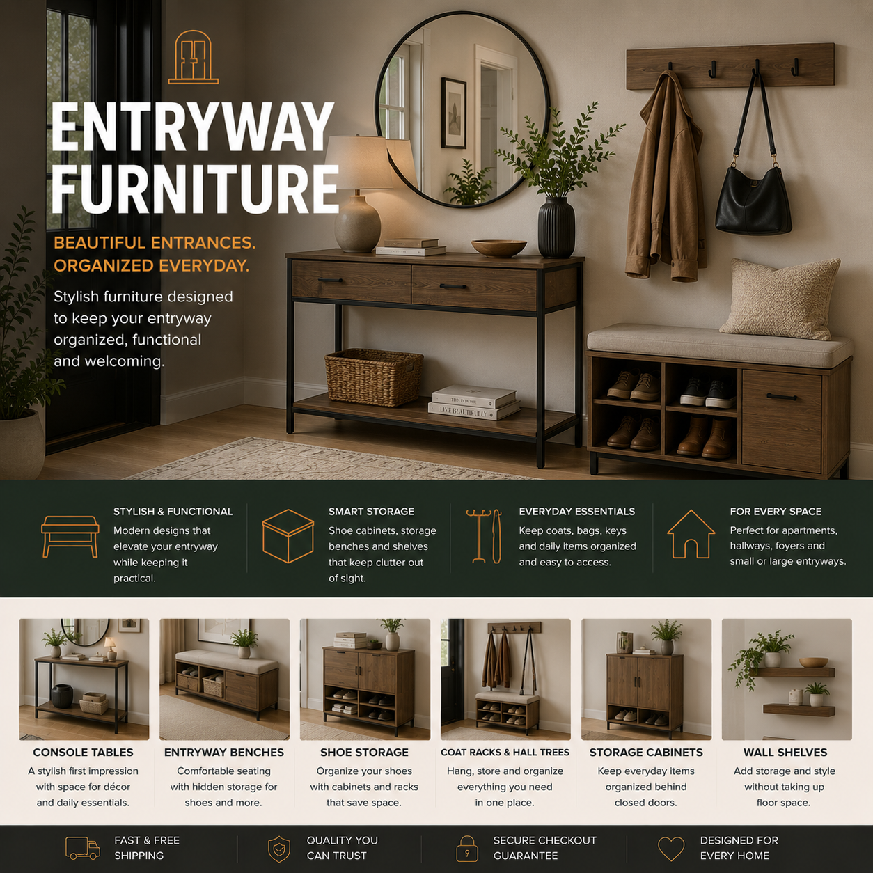 Modern entryway furniture with console table, storage bench, shoe cabinet, hallway decor, and organized home entrance setup