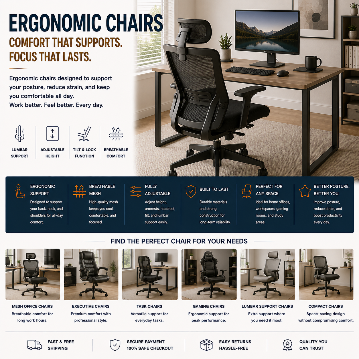 Modern ergonomic office chair with lumbar support, mesh desk chair, home office workspace, and contemporary productivity setup