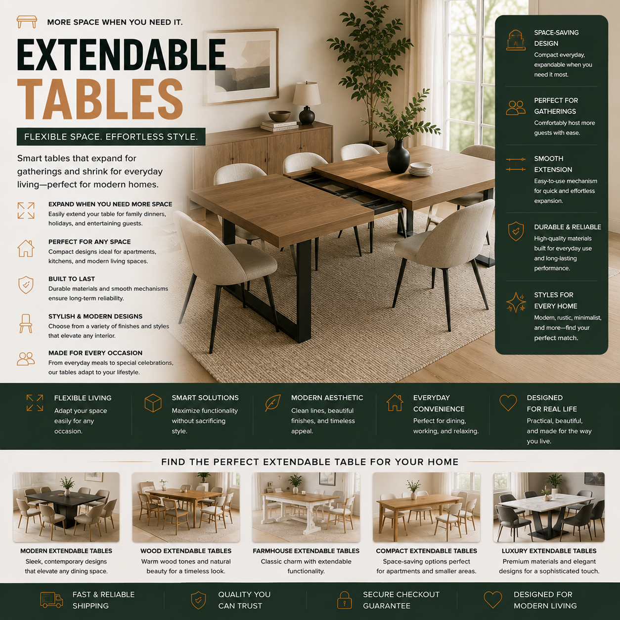 Modern extendable dining tables and expandable tables for apartments, kitchens, dining rooms, family gatherings, and contemporary home interiors