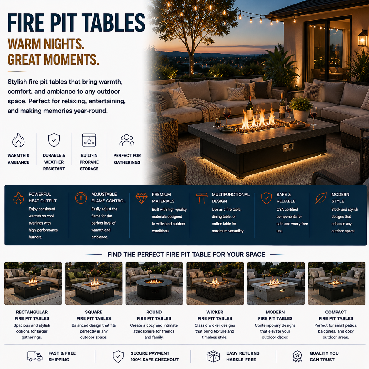 Modern fire pit table with outdoor patio seating, luxury backyard lounge, propane fire table, and contemporary outdoor entertainment space