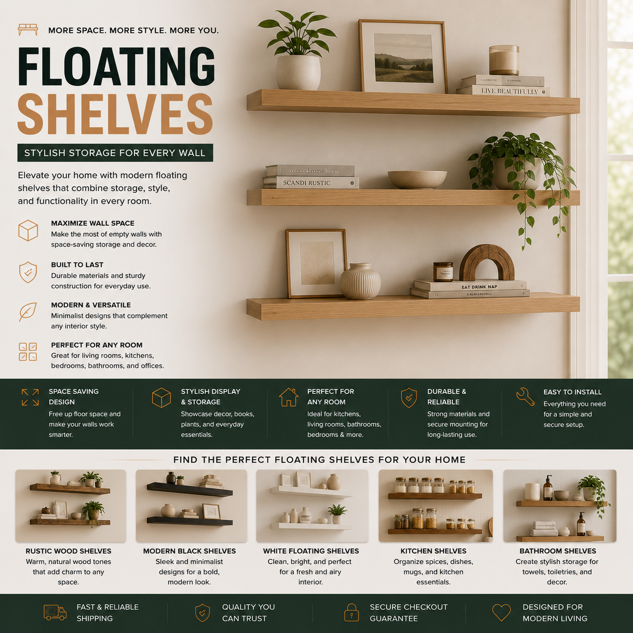 Modern floating shelves and wall mounted storage shelves for living rooms, kitchens, bathrooms, apartments, bedrooms, and contemporary home decor