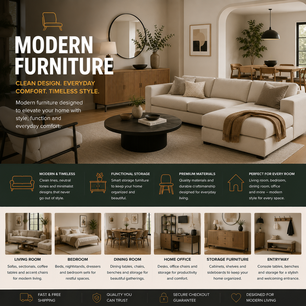 Modern furniture with contemporary sofa, accent chairs, dining table, storage furniture, and stylish neutral modern home interior