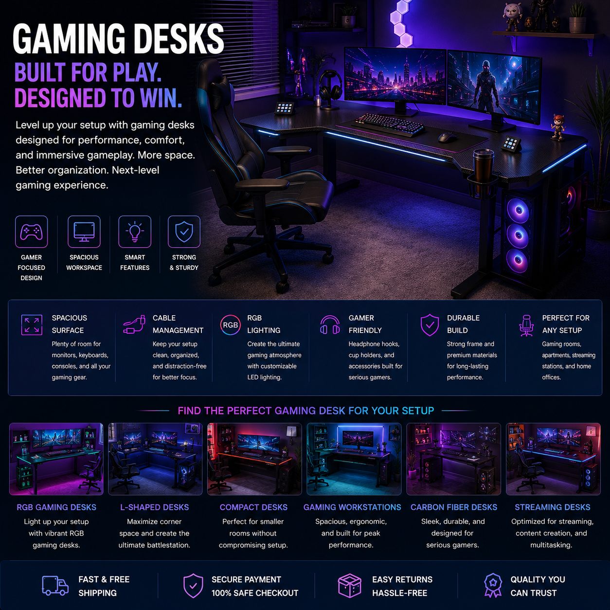 Modern gaming desk with RGB lighting, multi-monitor gaming setup, ergonomic gamer workstation, and contemporary gaming room interior