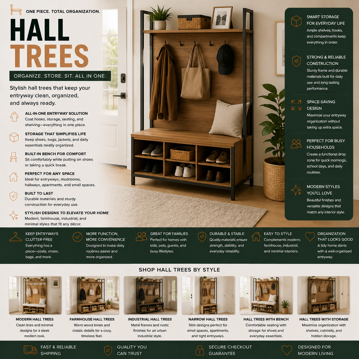 Modern hall trees and entryway storage furniture with coat racks, shoe storage, benches, and shelving for apartments and contemporary homes