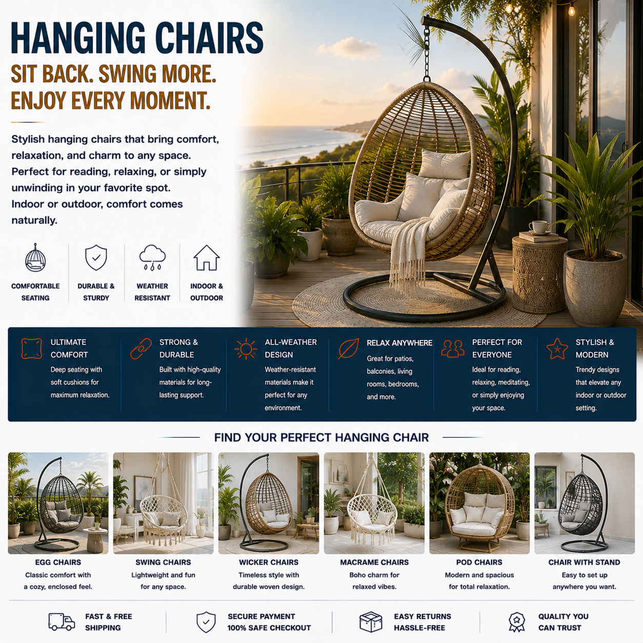 Modern hanging chair with cozy patio seating, wicker egg chair, outdoor lounge furniture, and contemporary relaxation space