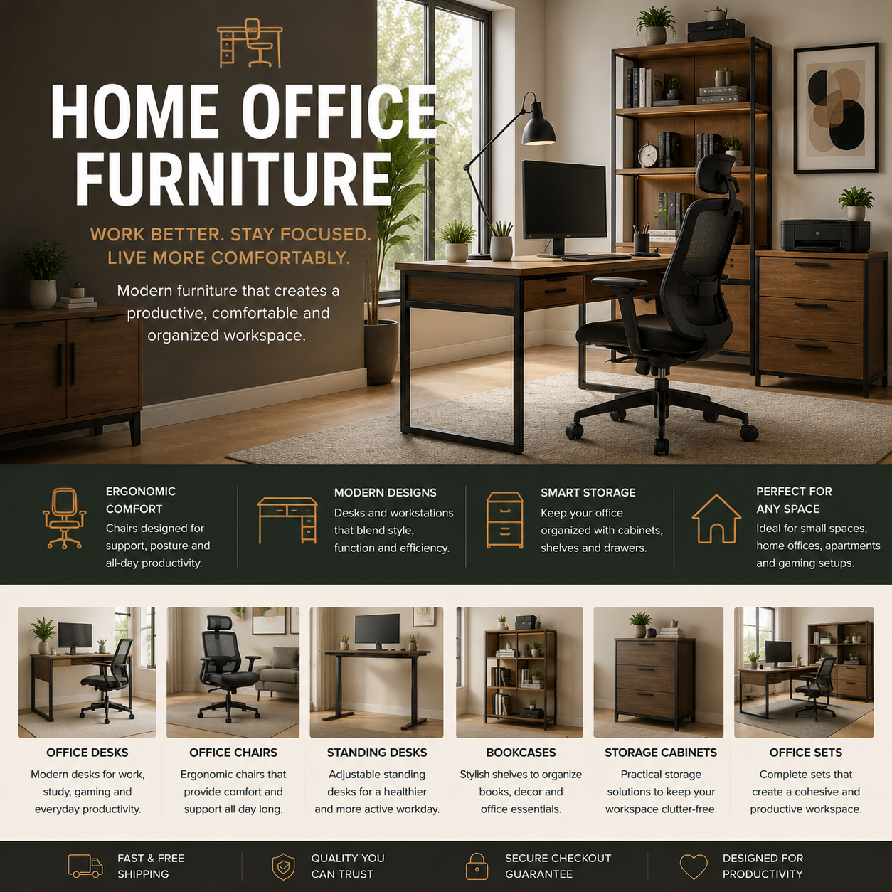 Modern home office furniture with ergonomic chair, office desk, storage shelves, standing desk, and stylish workspace setup