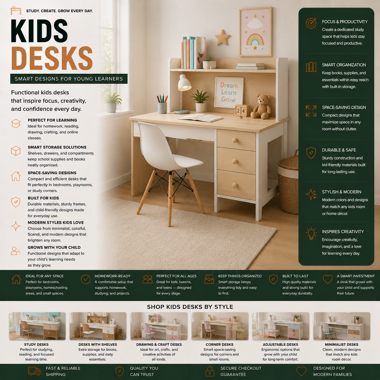 Modern kids desks and study furniture for bedrooms, homeschool spaces, playrooms, homework stations, and contemporary family homes