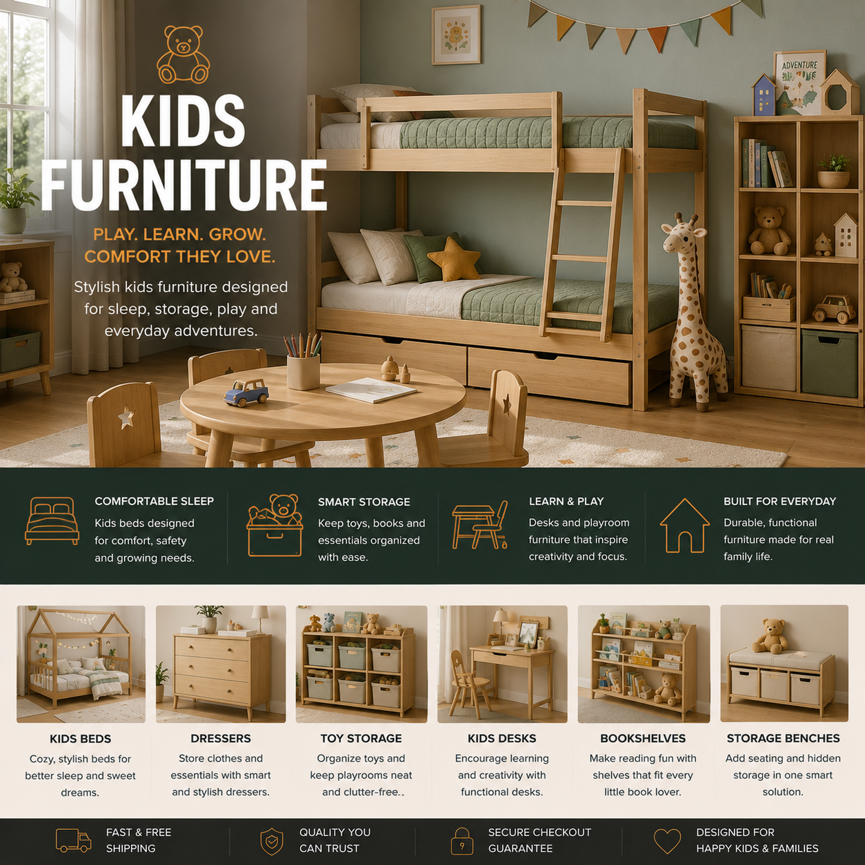 Modern kids furniture with bunk beds, toy storage, kids desk, playroom furniture, and stylish children’s bedroom decor