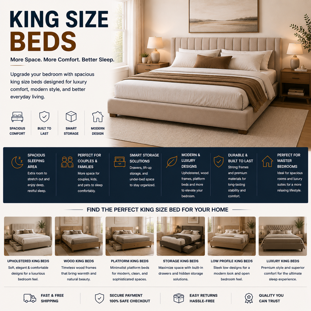 Modern king size bed with upholstered headboard, luxury bedroom furniture, spacious contemporary bedroom, and cozy modern interior