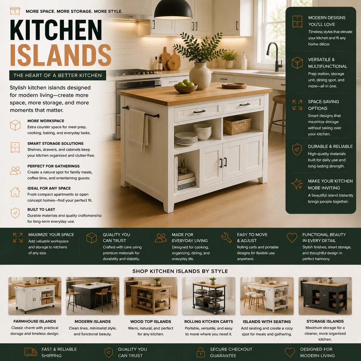 Modern kitchen islands and kitchen storage furniture for apartments, open kitchens, dining spaces, meal prep areas, and contemporary home interiors