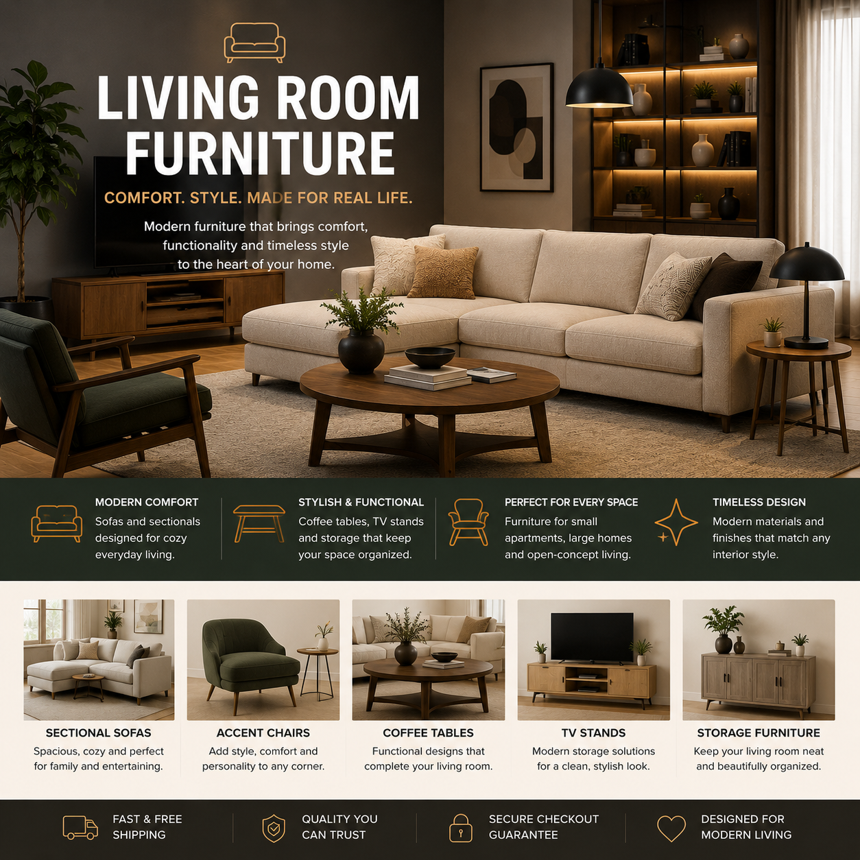 Modern living room furniture with sectional sofa, accent chairs, coffee table, TV stand, and stylish contemporary home decor
