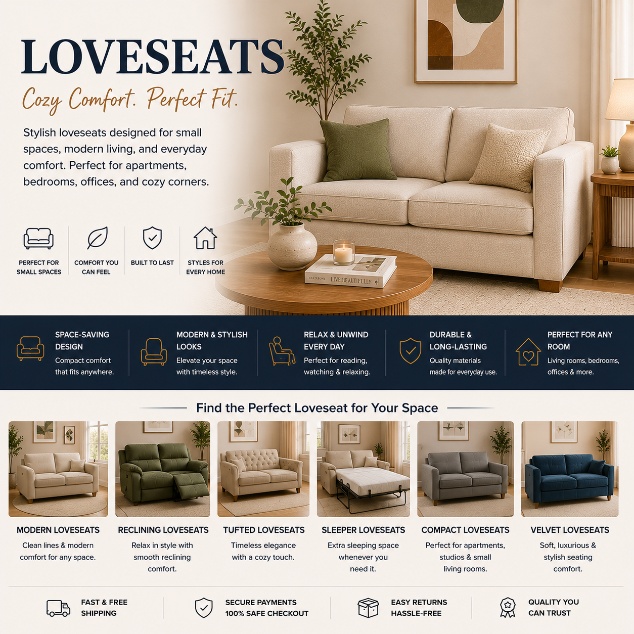 Modern loveseat sofa with cozy compact seating, stylish small living room, and contemporary apartment furniture